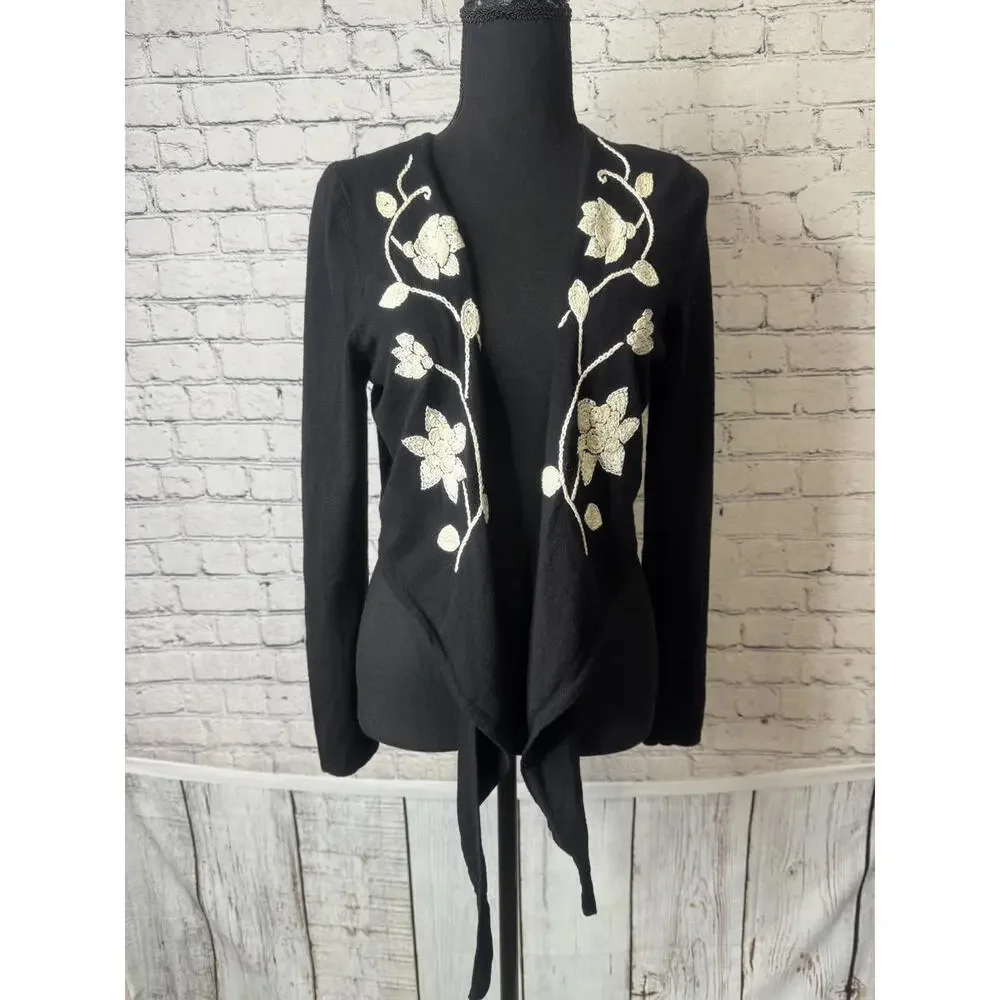 SML‎ Design Women's Black Wrap Sweater with Floral Embroidery